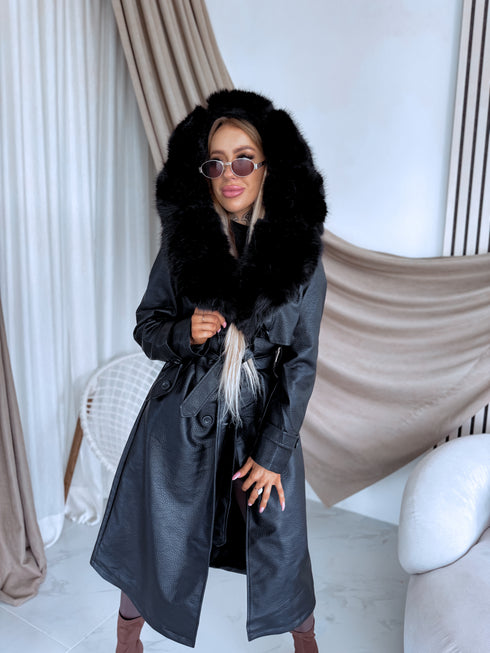 "PUDDING CV2184" Faux Leather Trench – Black